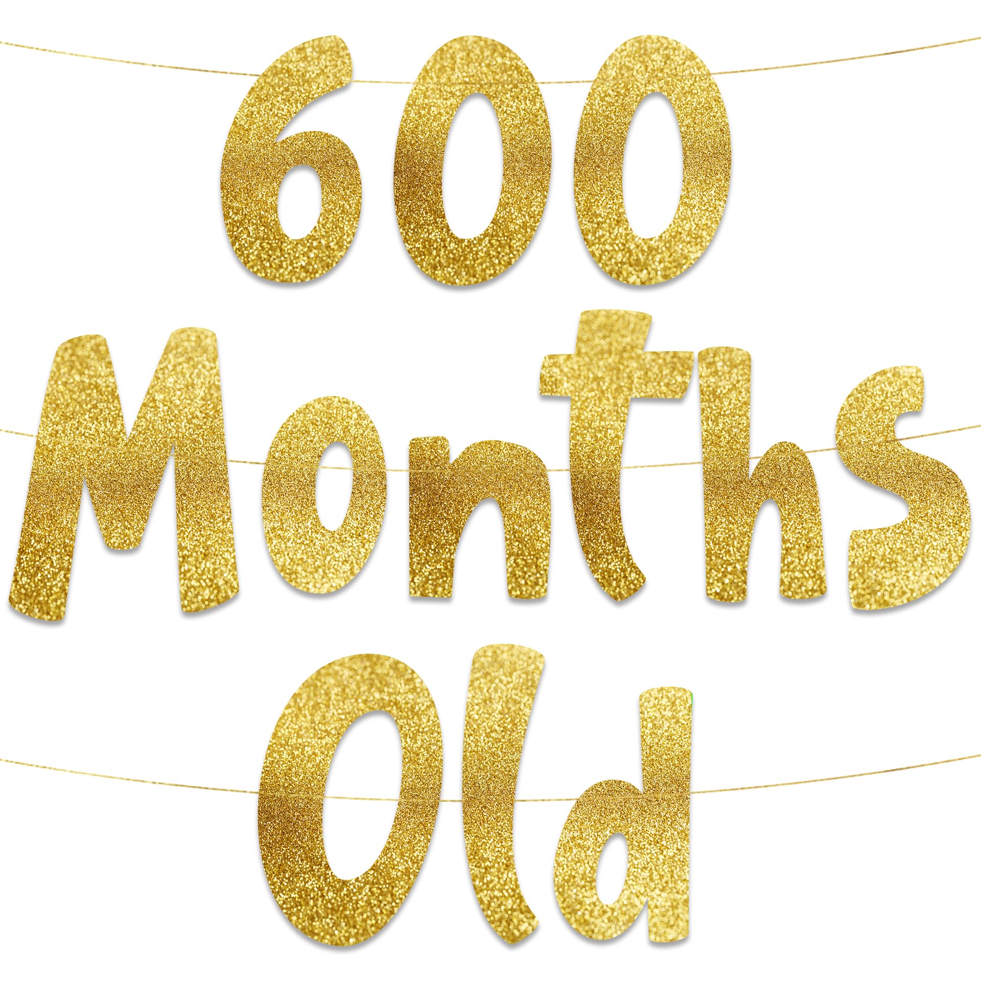 Pre-Strung 600 Months Old Gold Glitter Banner - 50th Birthday and Anniversary Decorations for Men and Women - Party Supplies, Bunting Gifts and Wall Decorations