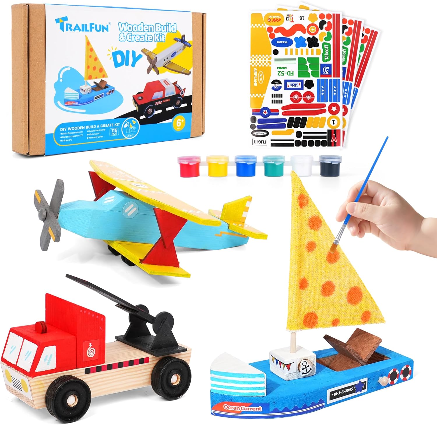 Wooden Build Paint Art Crafts Kit 3 Pack, Make Your Own Car Boat & Plane DIY Craft Toys for Kids Boys, STEM Educational Toy Set for Kids Ages 4-8, 8-12