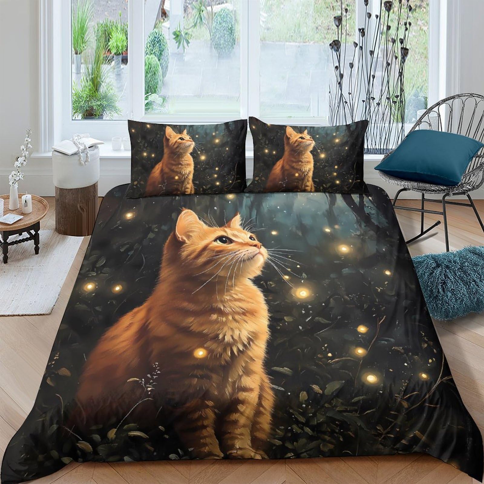 Ctjqhvkz Style-1 3D Printed Firefly Cat Fitted Sheet Microfiber Soft Black Night Forest Bed Cover For Bedroom Guest Room Decor Single（135X200cm）