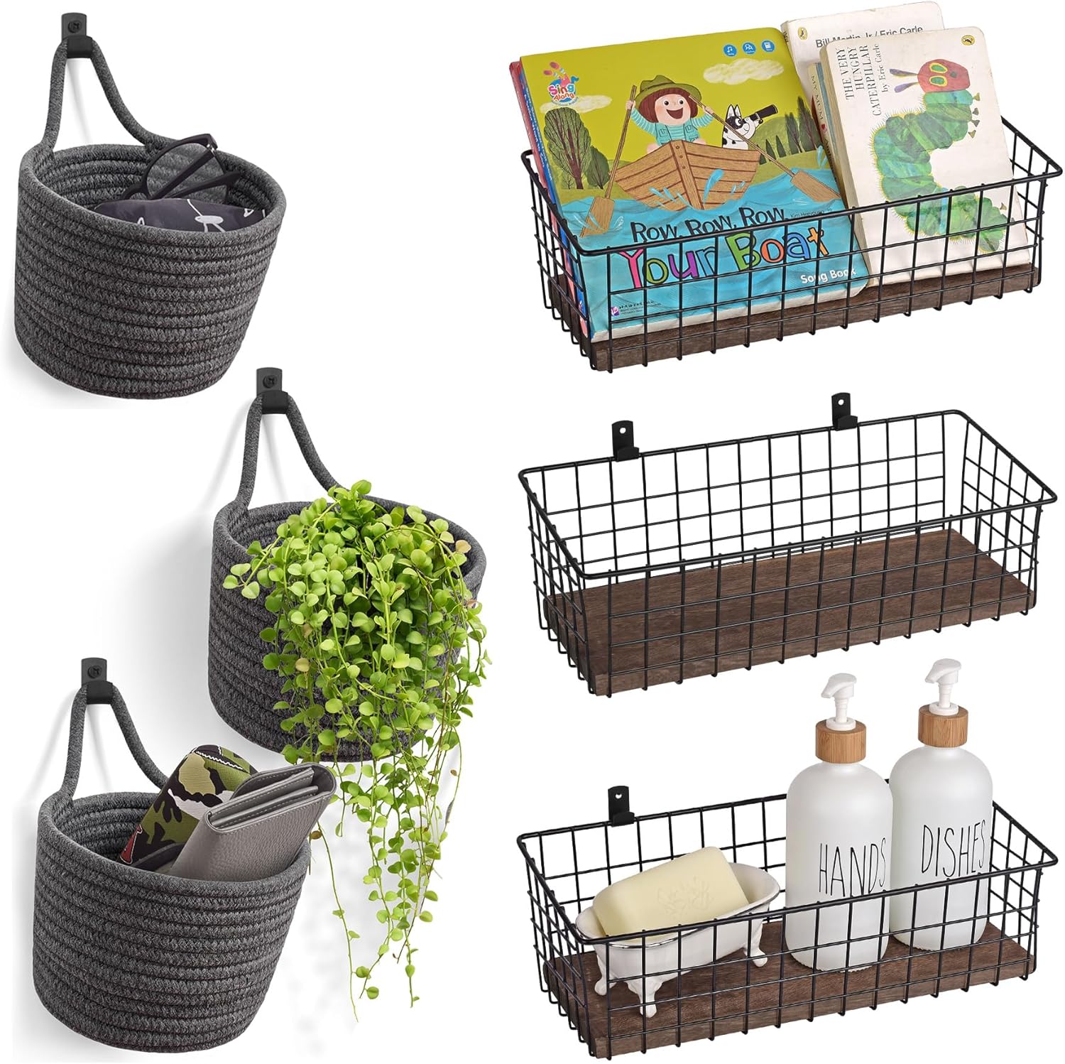LIGHT DUST Wall Hanging Baskets - 3 Pack Large Diversified Wire Basket Shelves of Wooden Style and 3 Pack Dark Gray Woven Pouchs Boho Style Wall Mounted Bag with Adhesive Hooks