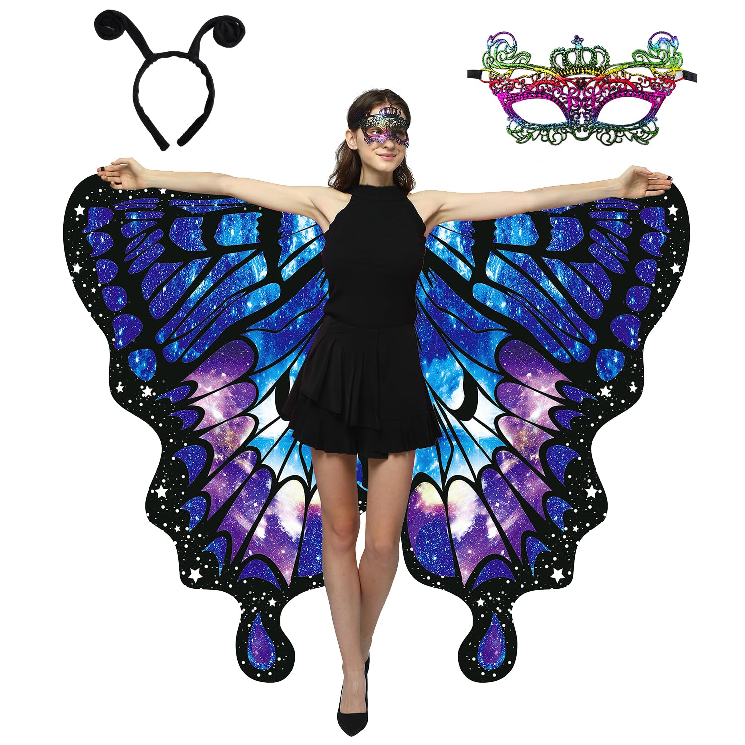 WhiteUniQoon Double-Sided Printing Butterfly Costume for Women, Halloween Costumes Adult Butterfly Wings for Women 005