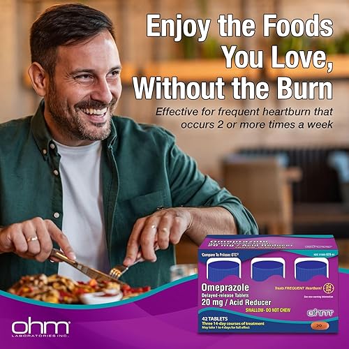 Miniatura 2 de Ohm Omeprazol 20mg, 42 tabletas de liberación retardada, reductor de ácido para la acidez frecuente, medicina para la acidez de 24 horas, ayuda a