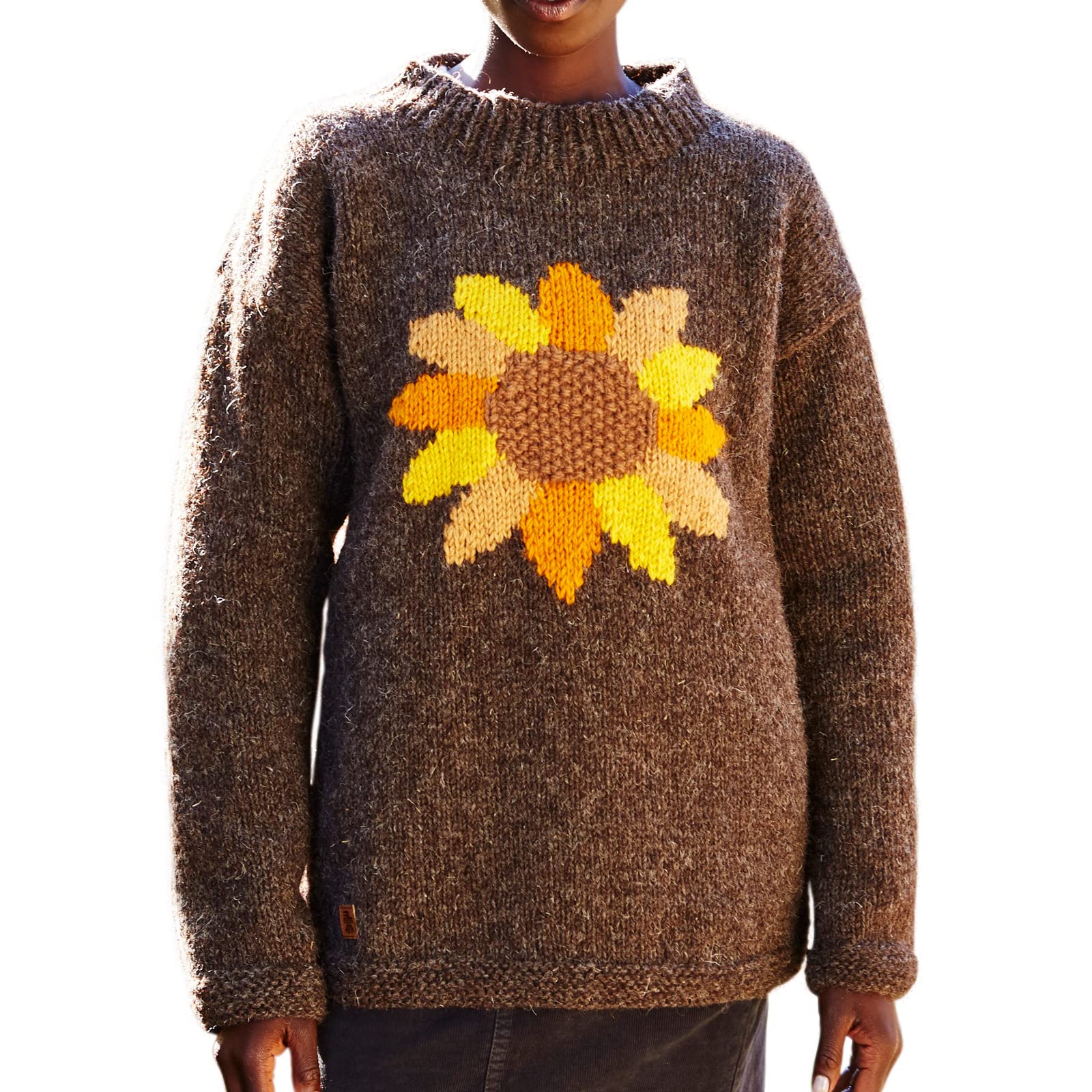 Pachamama Women Wool Jumper Handknitted Sunflower Design Bark Handmade Extra Warm Sweater Fair Trade (as8, Alpha, m, Regular, Regular)