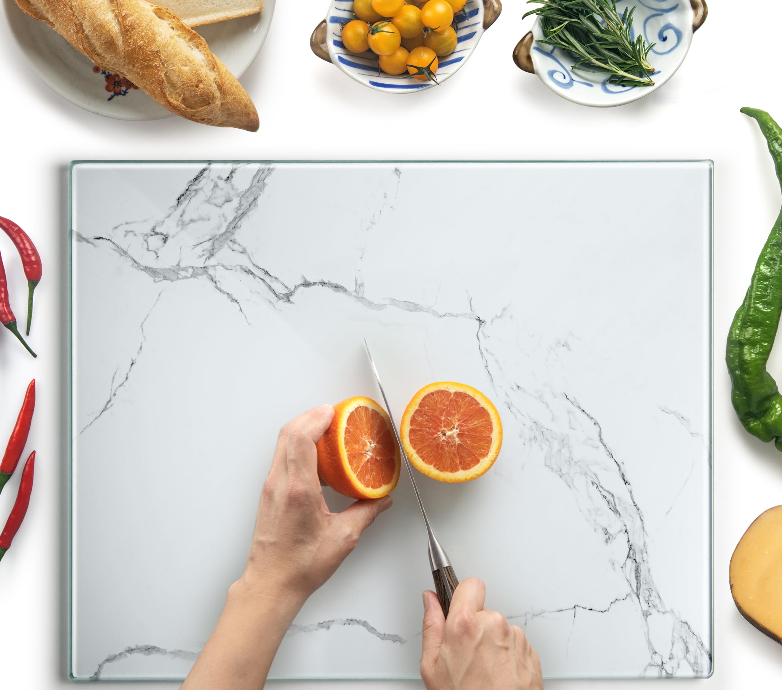 Glass Cutting Board 20”x16”: Tempered Glass Kitchen Counter Protector - Durable- Scratch-Resistant, Heat-Proof - Design 2 - White Marble Effect