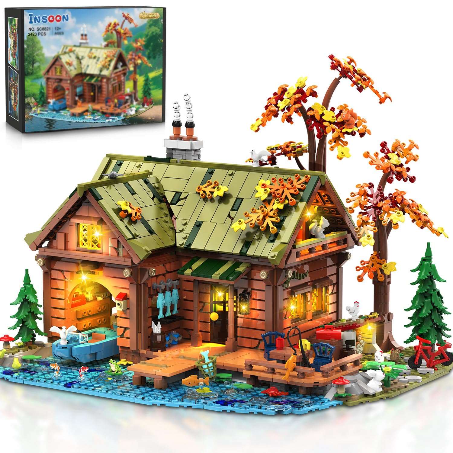 INSOON Juego de construcción de cabina de madera con luz LED, juguete de bloque de construcción de casa de bosque de madera con barco, bicicleta, estanque, animales, modelo de construcción de casa