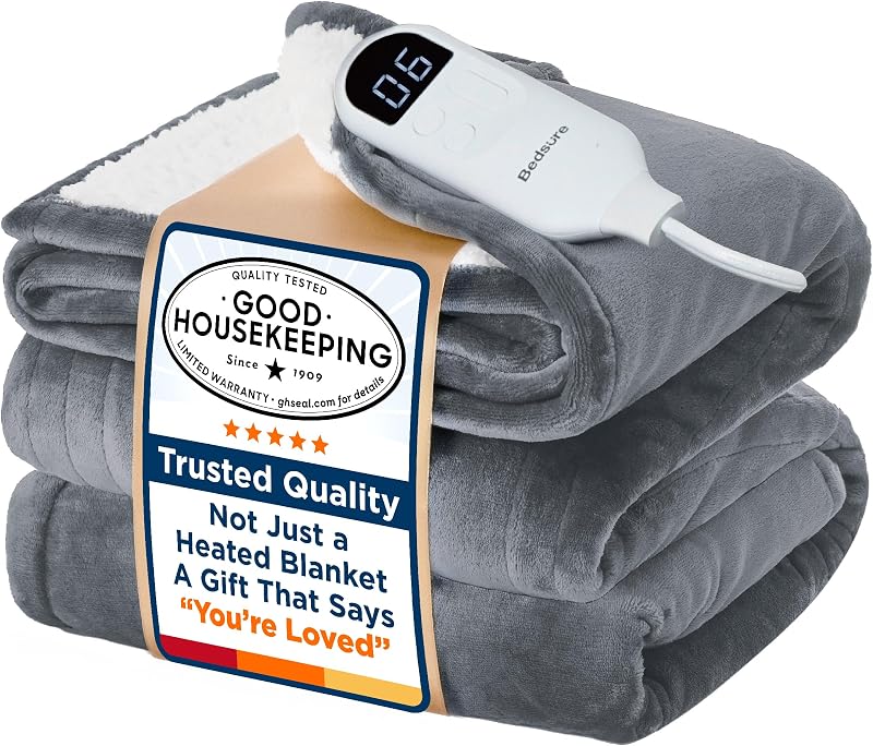 Bedsure Manta calefactora tamaño completo, manta eléctrica suave con precalentamiento, gris