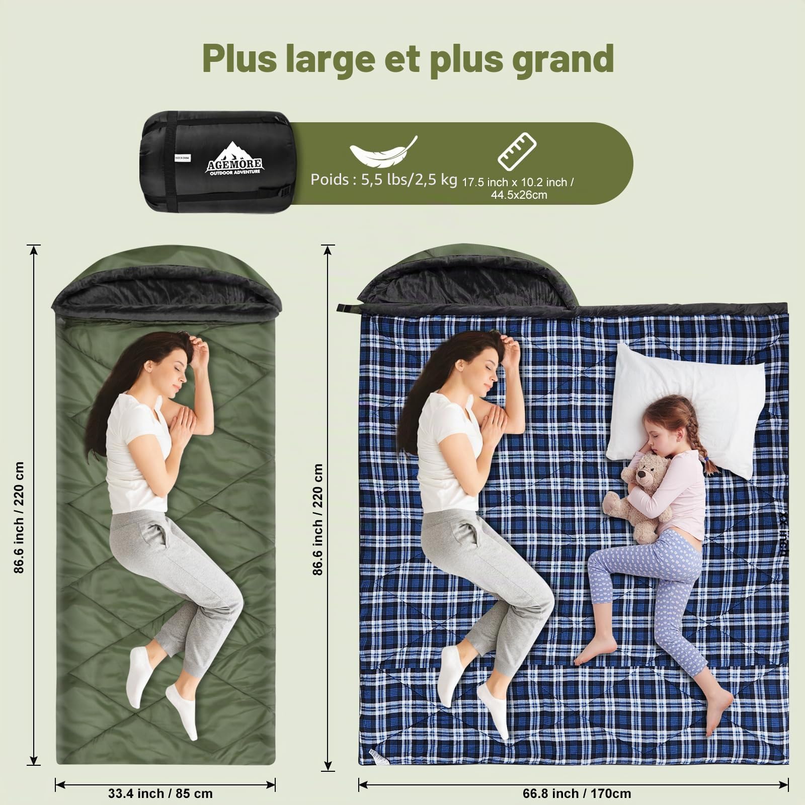Sac de couchage en flanelle de coton avec capuche doublée en polaire, sac de couchage imperméable XL pour adultes, sac de couchage par temps froid, pour camping, randonnée ou randonnée, 3 à 4