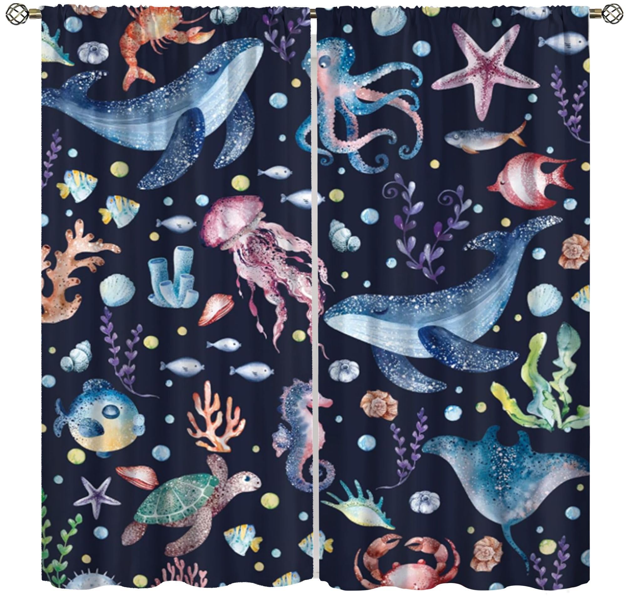 Kids Ocean Animal Blackout Curtains,Cartoon Funny Fish Undersea Sealife Colorful Underwater World Whale Jellyfish Turtle Puzzle Animals Windows Treatments for Nursery Baby Living Room Bedroom 84x84in