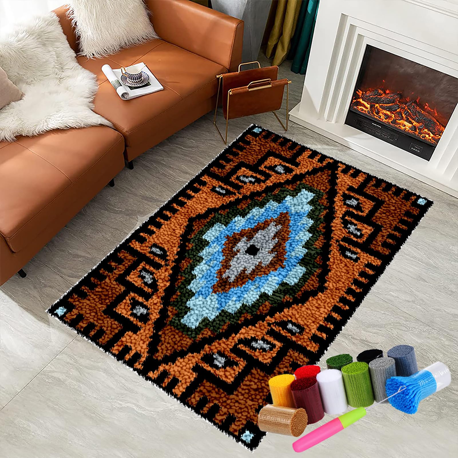 Latch Hook Kits for Adults Beginners, Tapestry Kits, Latch Hook Rug Kit for Home Décor, DIY Rug Making Kit for Adults with Printed Patterns, Canvas Yarn Latch Hook Kit, Crochet Kit 90 x 120 cm