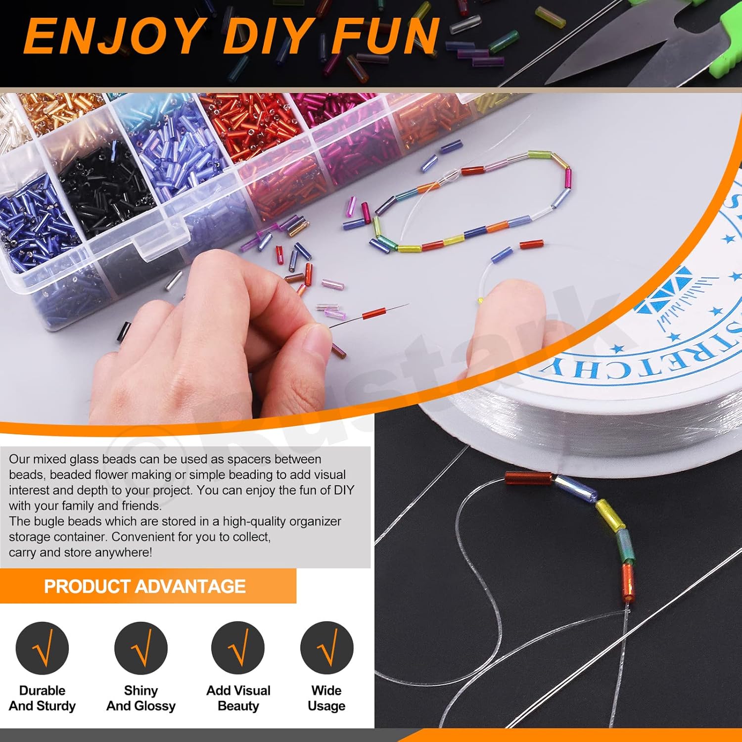 Rustark 14404Pcs 24 Colors 6mm/0.23 in Glass Bugle Beads Tube Beads Assortment Kit Small Bugle Seed Beads with Clear Elastic String, Needle and Scissor for Jewelry Making DIY Craft Making