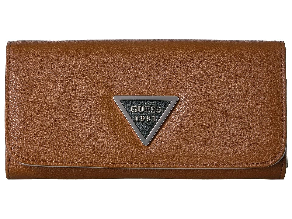 

GUESS Lauri SLG Large Flap Organizer (Cognac Multi) Wallet Handbags, Tan
