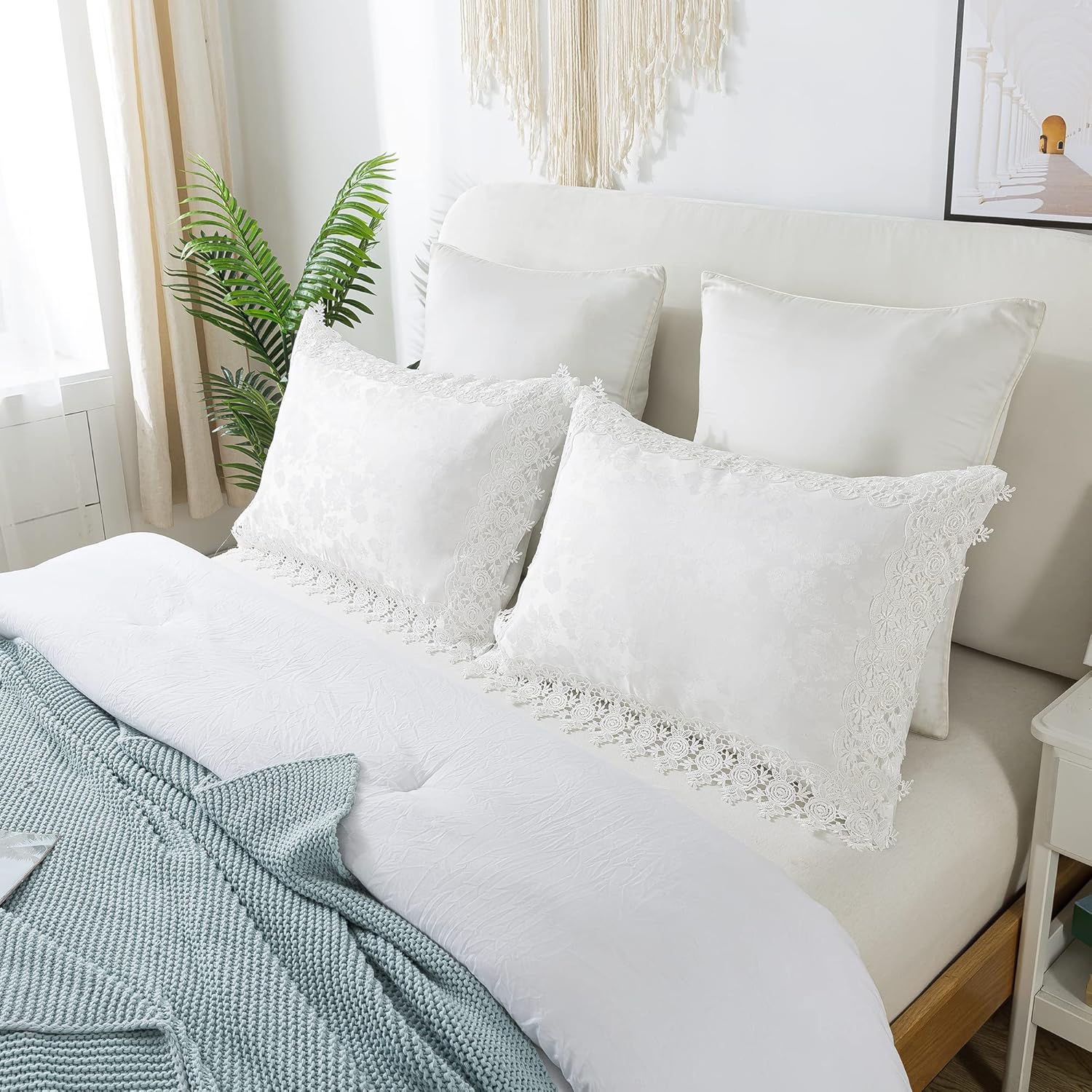 Vintage Court Throw Pillow Covers,Jacquard Floral Ruffle Pillowcase,Shabby Pillowcase,Cottage Chic Decor, Gift for Her,18x18 Inch,2 Pieces,Creamy White