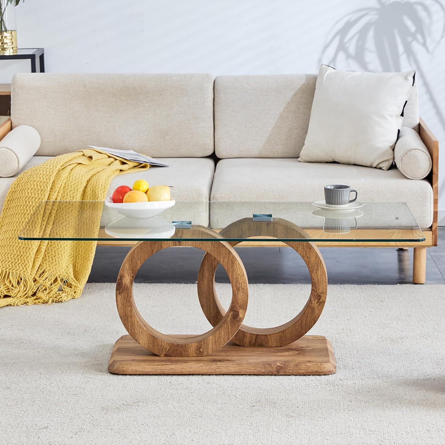 Glass Coffee Table for Living Room, Modern Rectangular Center Table, 47” Living Room Table with Clear Tempered Glass Top and Steady Wood Color OO Shaped Base