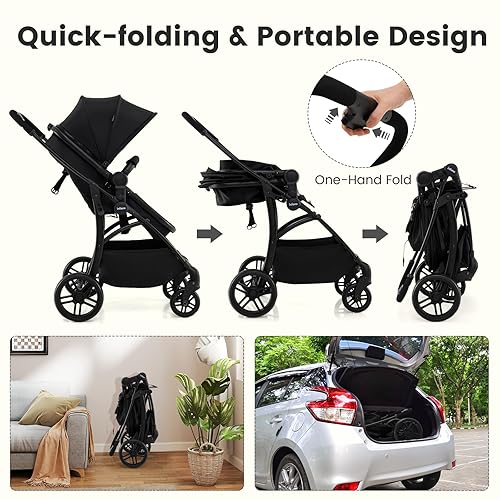 Miniatura 7 de INFANS Cochecito de bebé 2 en 1, cochecito convertible con moisés, asiento reversible, respaldo ajustable, plegable con una mano, cochecito compacto