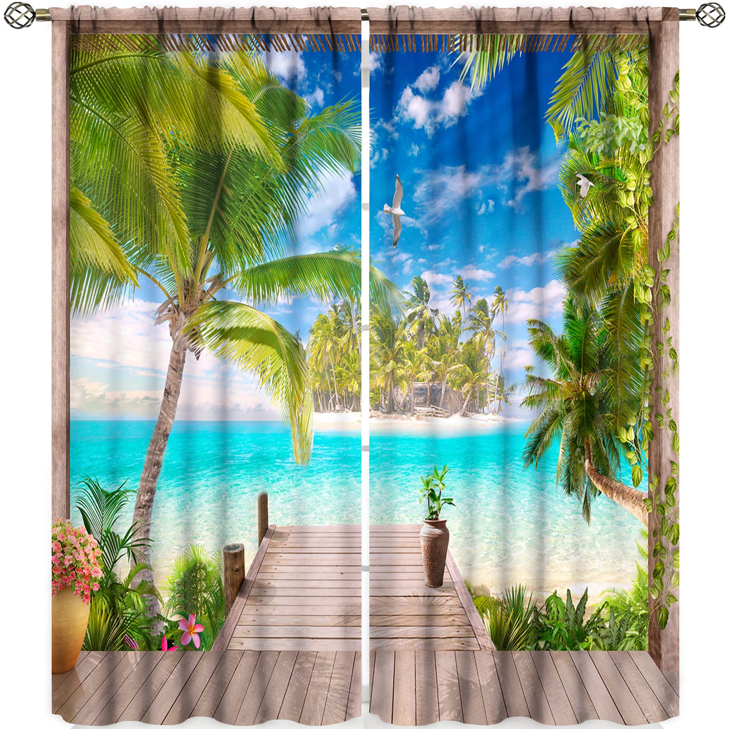 Ocean Beach Curtains,Summer Gazebo Blue Sea Tropical Beach Printed Window Drapes for Kids Teens Kitchen Living Room Bedroom Decor 42x63in