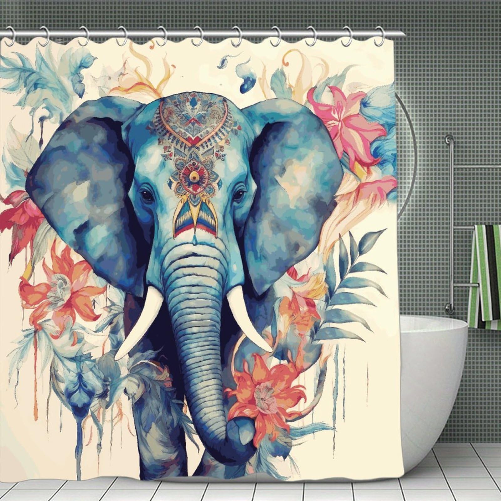 JTREHY Peacock Feathers Elephant Shower Curtain Waterproof Bathroom Shower Curtain Machine Washable Bath Curtains Polyester Cloth Bath Curtains for Bathroom Showers 70.8×70.8Inch