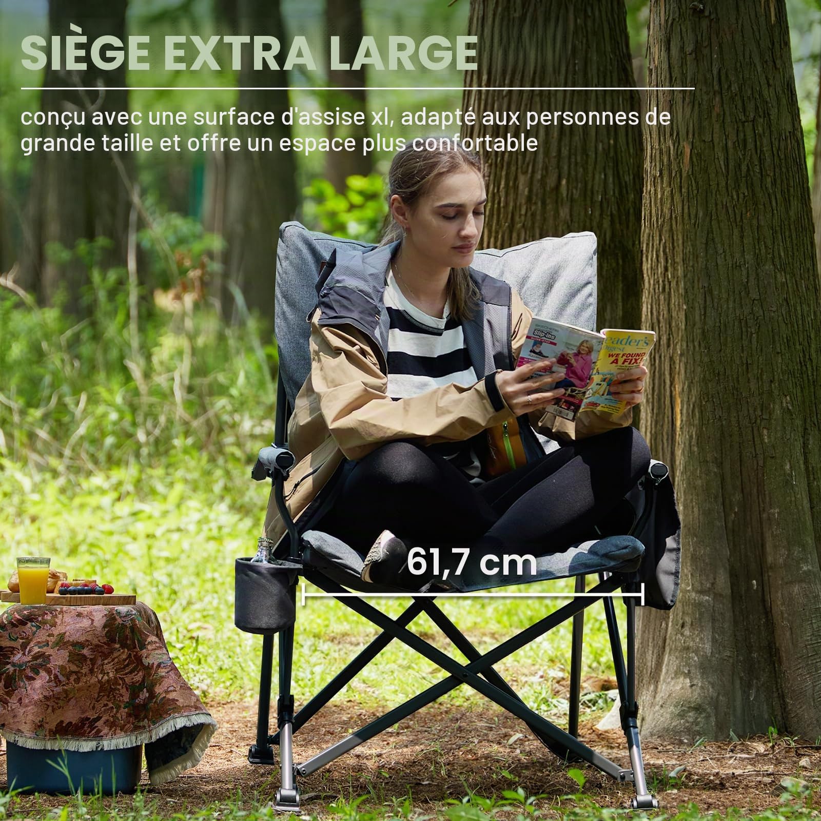 EVER ADVANCED Chaise Camping Pliable XL Assise rembourrée, 230kg | Chaise pliante largeur d'assise 62 cm avec poche latérale, porte-gobelet, surdimensionnée pour camping, extérieur, gris