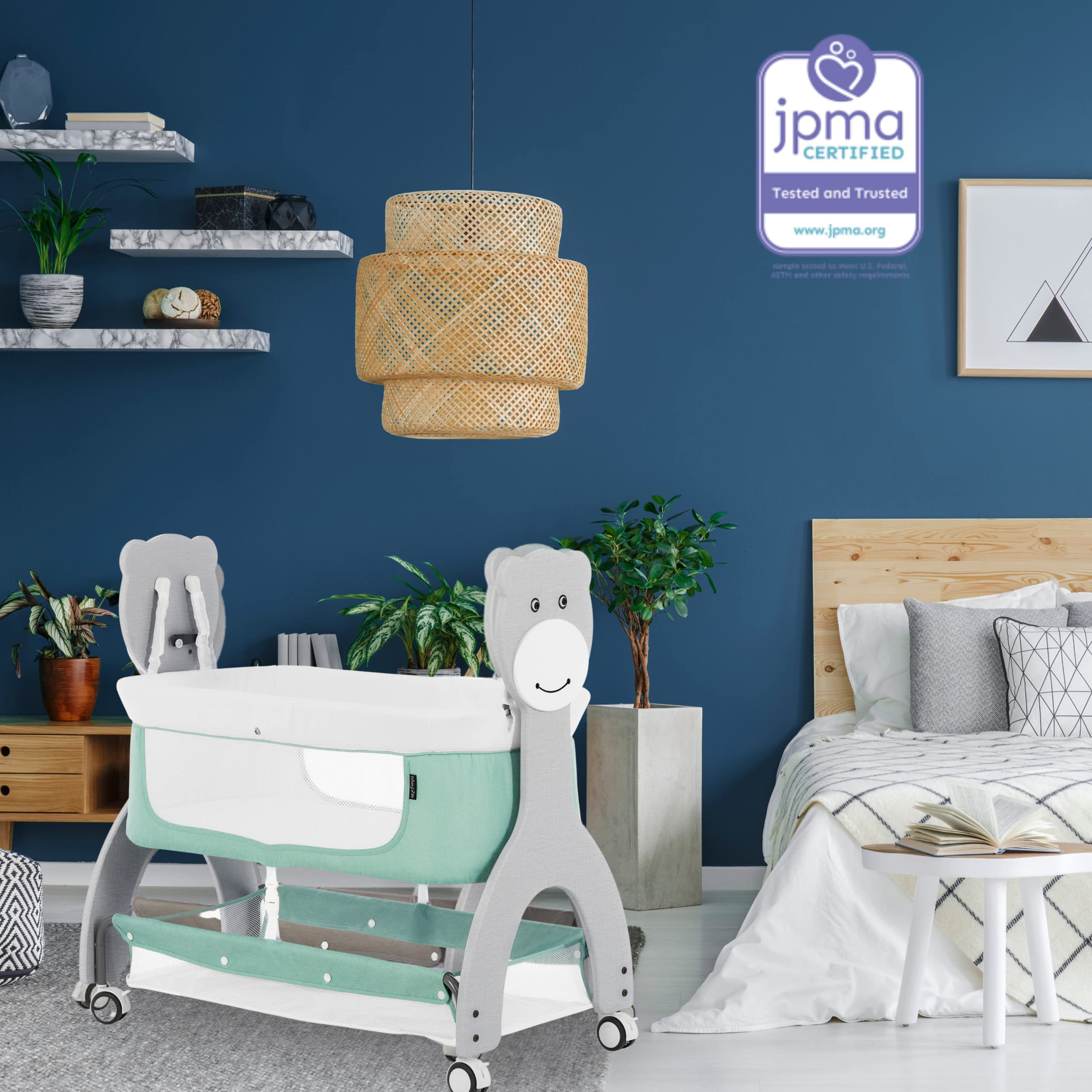 Dream on Me Cub Portable Bassinet in Mint, Multi-Use Baby Bassinet with Locking Wheels, Large Storage Basket, Mattress Pad Included, JPMA Certified