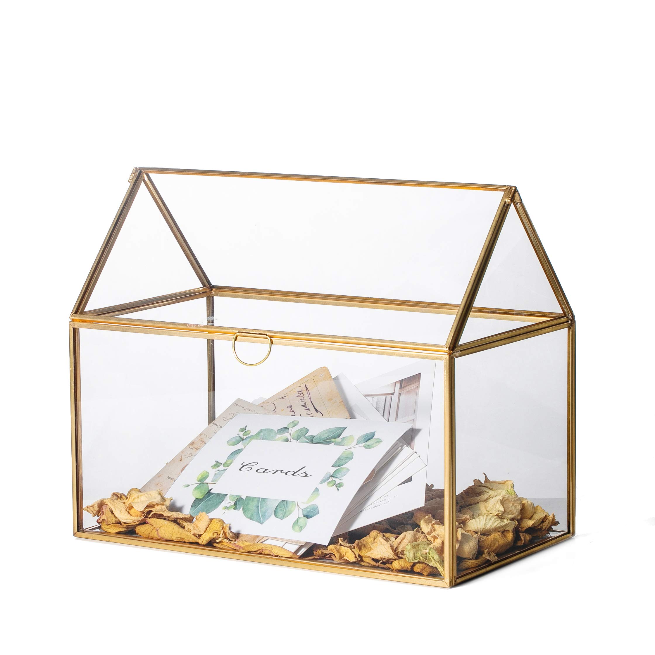 NCYP Grande souple géométrique Verre Décor carte Box Terrarium Décoration de table Pot de fleurs faites à la main en cuivre Pot de fleurs en forme de maison pour plantes Succulents (26 x 21 x 15 cm)