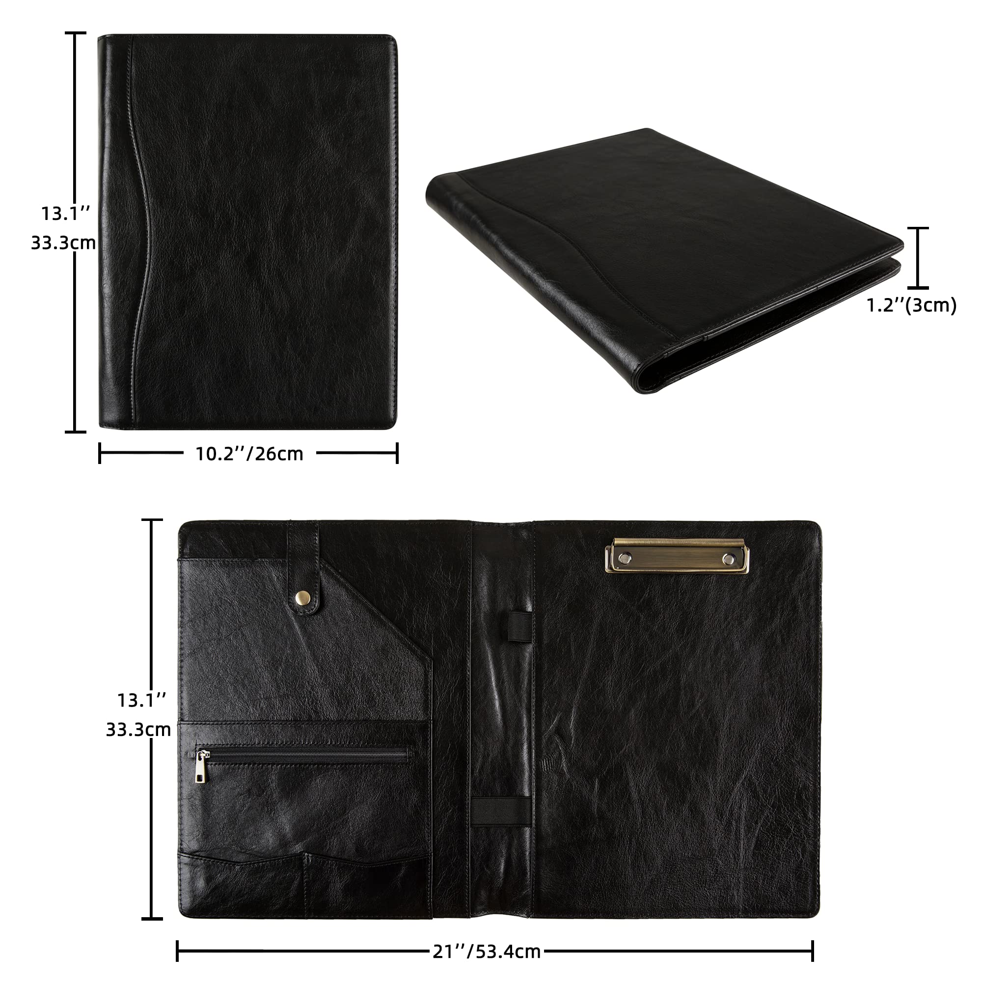 Portapapeles de piel auténtica, carpeta de cuero curtido al aceite, carpeta de entrevista para mujeres, carpeta portapapeles de negocios, folio de cuero grabado para hombres (negro, no personalizable)