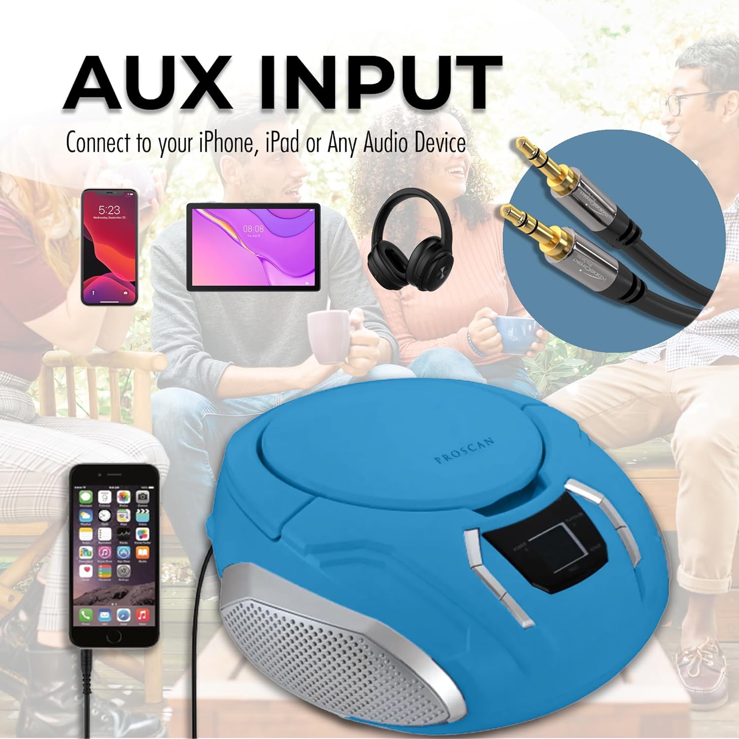 SYLVANIA PROSCAN Elite Portable CD Player Boombox with auxiliary input cable connecting to a smartphone