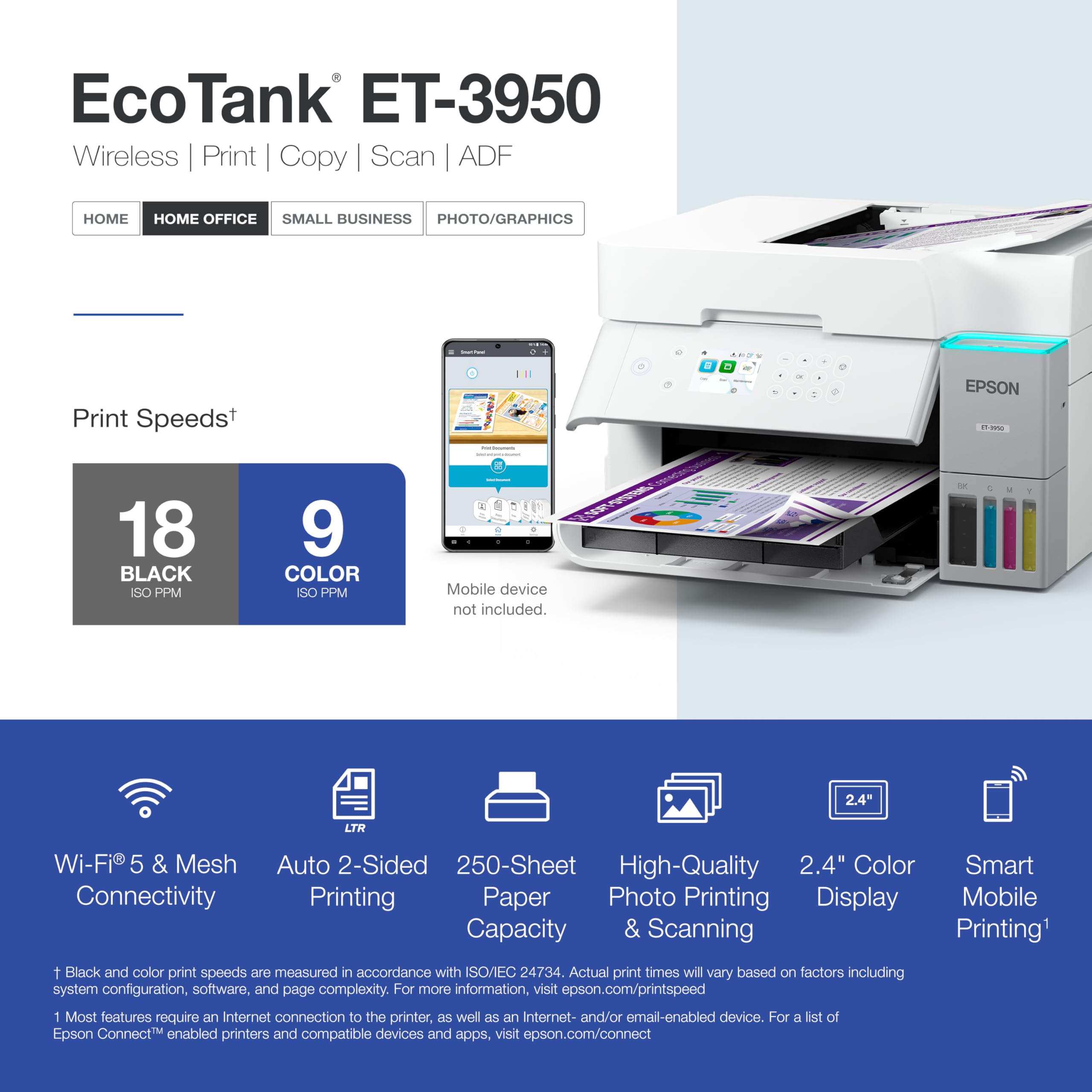 Epson EcoTank ET-3950 Wireless All-in-One Color Supertank Printer with up to 3 Years of Ink, Refillable Tanks, Perfect for Home Office, 18 PPM, 2.4" Color Screen, Auto Document Feeder – White