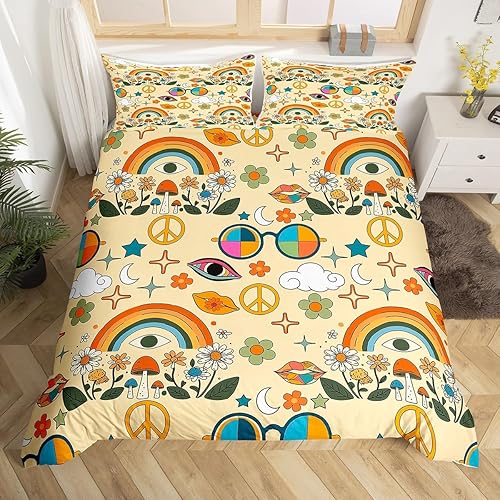 Castle Fairy Funda de edredón de estilo hippie retro de los años 70 para niños, juego de ropa de cama de hongos, decoración de habitación, funda de