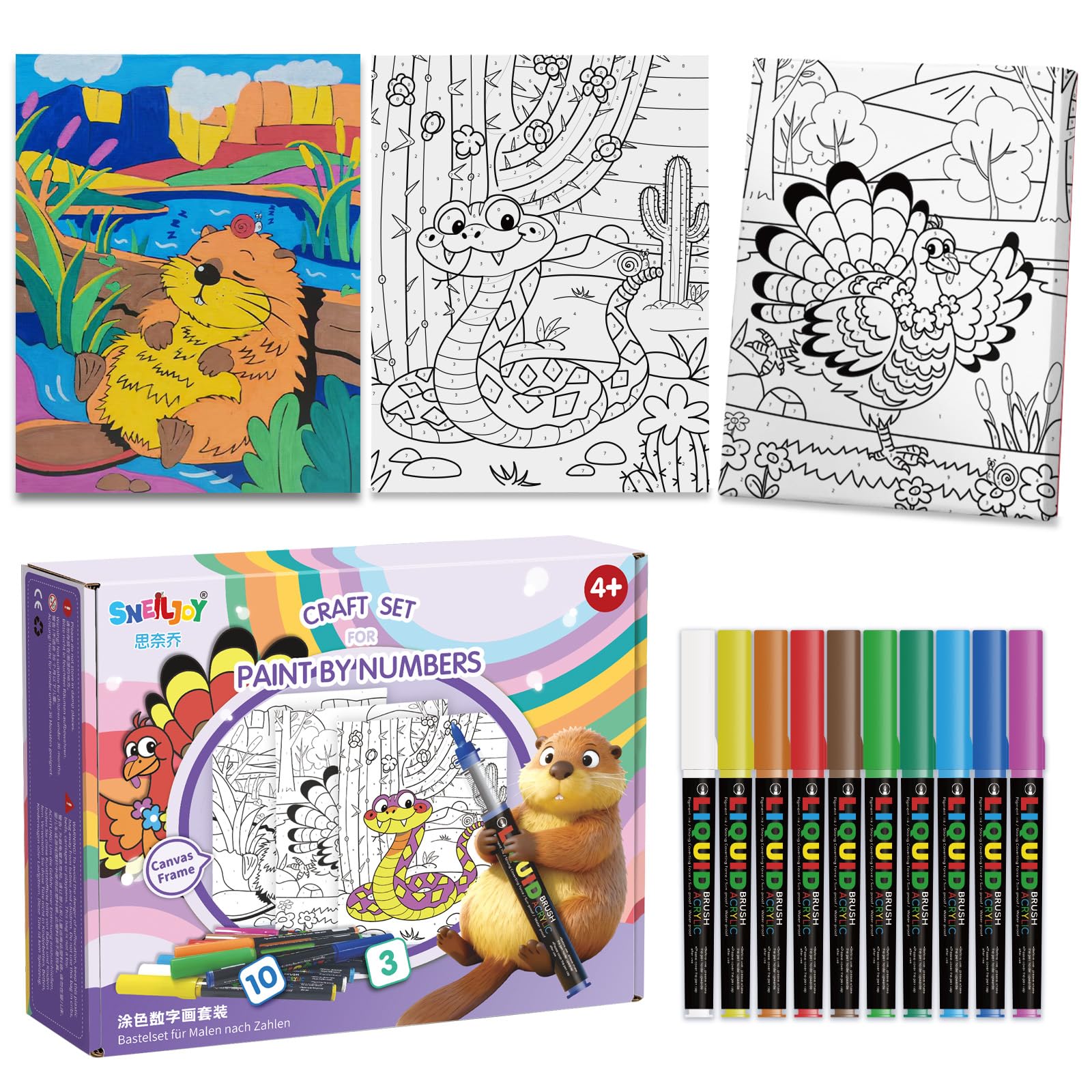SNEILJOY Paint by Numbers Kit for Kids Ages 4-12, 3 Pack Canvas Set