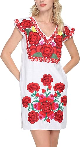 Miniatura 5 de YZXDORWJ - Vestido corto para mujer, estilo casual, cuello en V, bordado mexicano.