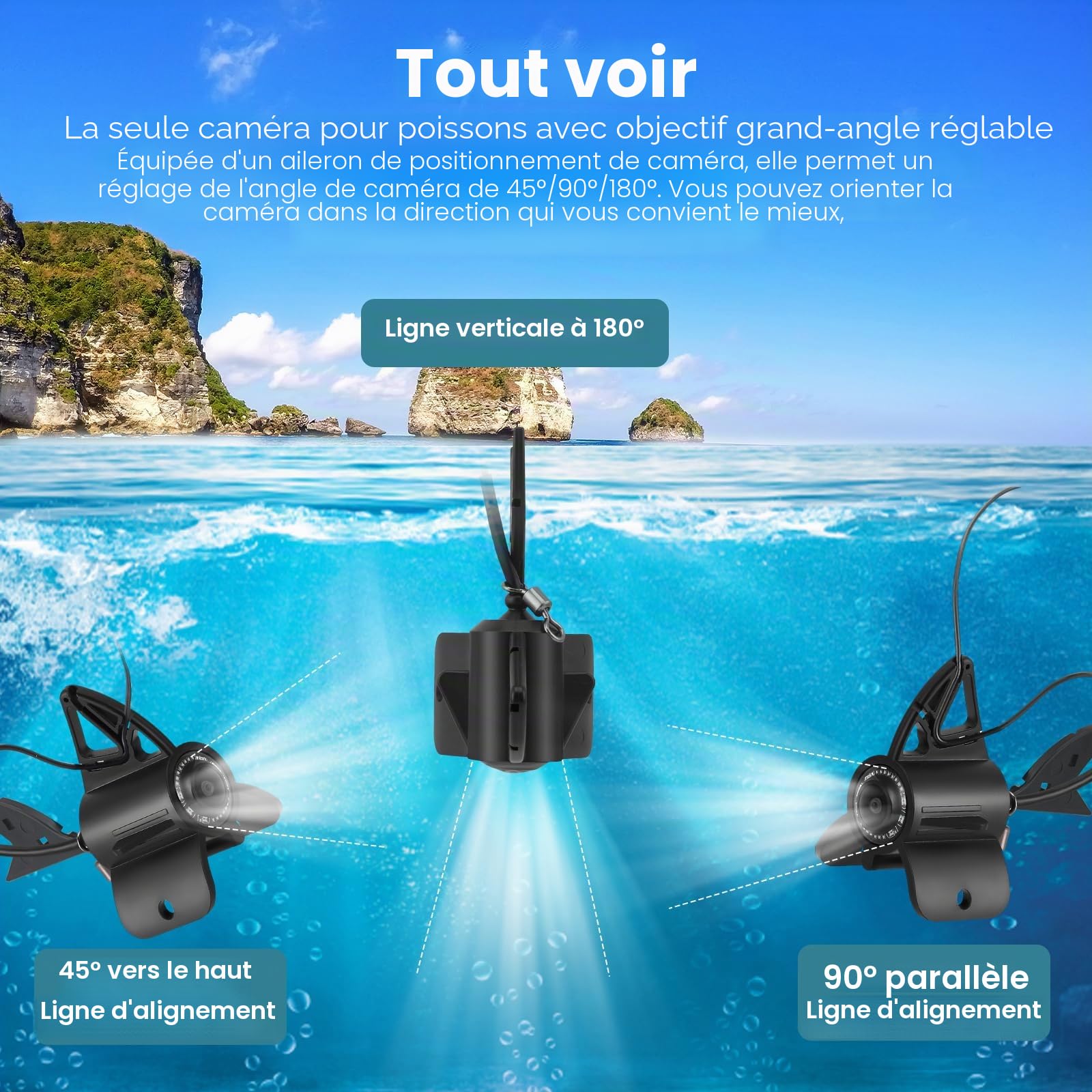 Sonar bathymètre, Fishfinder 4,3 pouces HD caméra sous-marine de pêche avec câble de 30 m, étanche IP65, batterie 5000 mAh, caméra sous-marine de pêche de nuit pour la pêche en mer, la pêche en