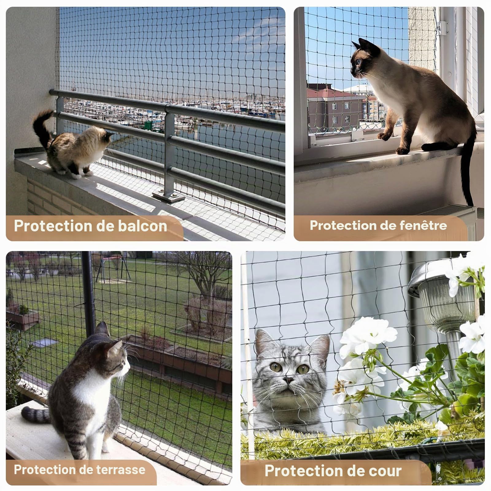 3x6m Filet de Protection Chat Renforcé de Fil d'acier, Filet Chat Balcon, Filet de sécurité pour Chat avec kit de Fixation pour Balcons, Terrasses, Fenêtres, Noir