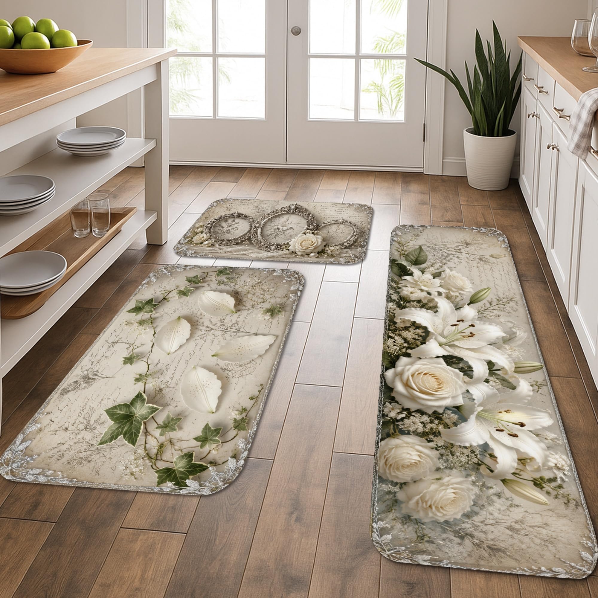 Tapis de cuisine vintage pour évier et buanderie au motif floral beige