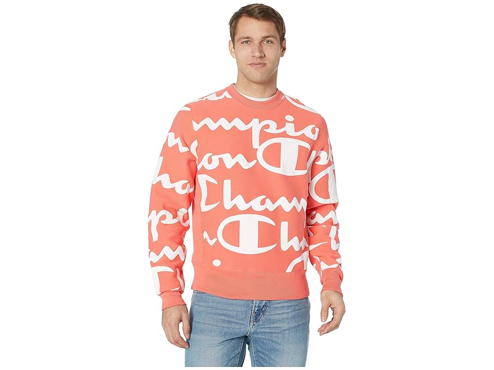 

Champion LIFE Reverse Weave(r) Crew - All Over Print (Giant Script Groovy Papaya) Men's Clothing, Coral