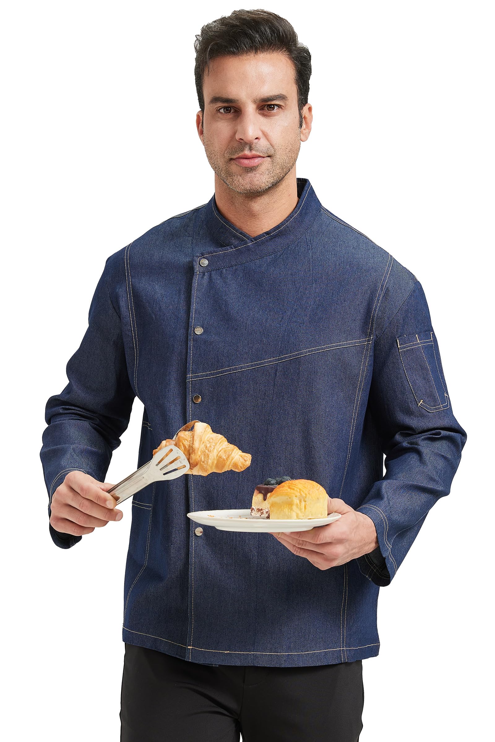 Nanxson Veste de Cuisine Unisexe Homme Femme Veste de Boulanger Respirante Veste de Travail en Denim Uniforme de Cuisine avec Poche