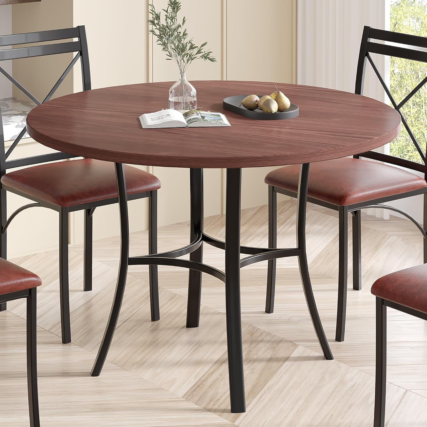 VECELO 36" Round Dining Table for 4, Faux Marble Dinette with Metal Frame for Kitchen, Apartment, Home, Space-Saving, Black