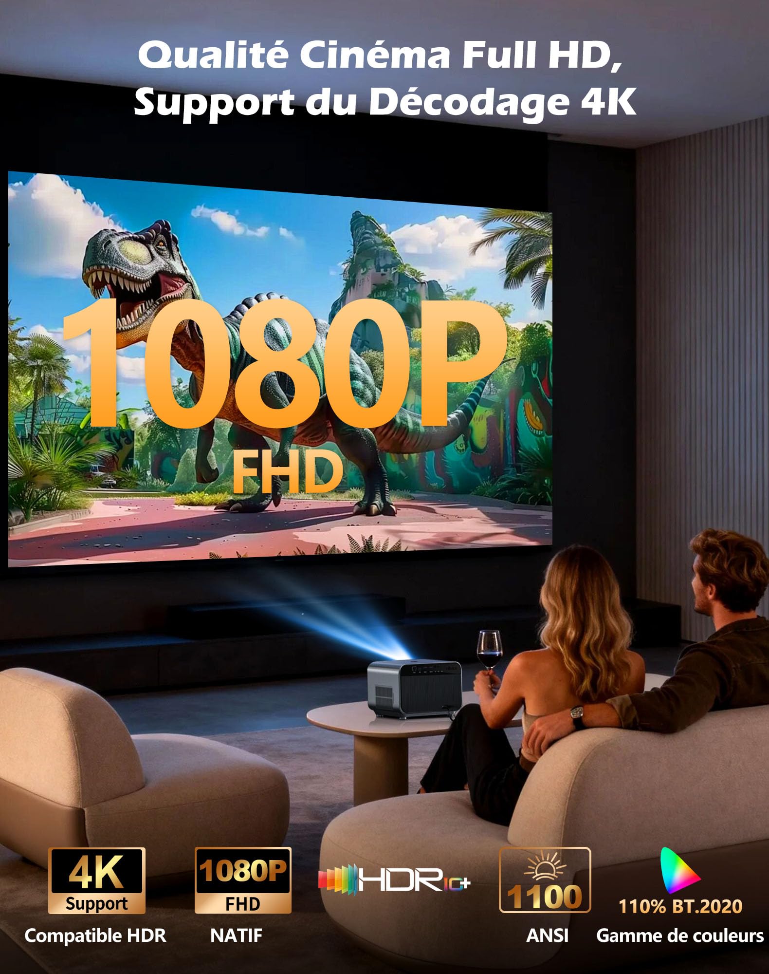 Vidéoprojecteur 4K VGKE, Compatible avec Netflix et Dolby Audio, 1100 ANSI Lumens Natif 1080p WiFi6 Bluetooth Rétroprojecteur pour Smartphone/PC/Console PS5