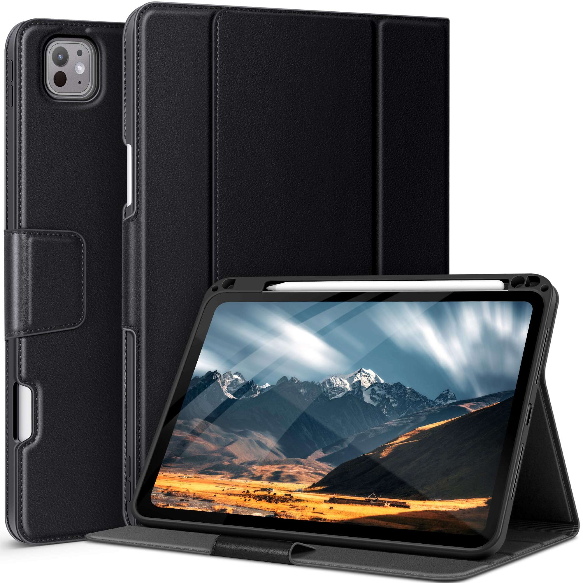 auaua Case for iPad Pro 11 Inch (M5/M4) 2025/2024, with Pencil Holder and Pocket, Multiple Angles Viewing, Magnetic Closure, Auto Sleep/Wake (Black)