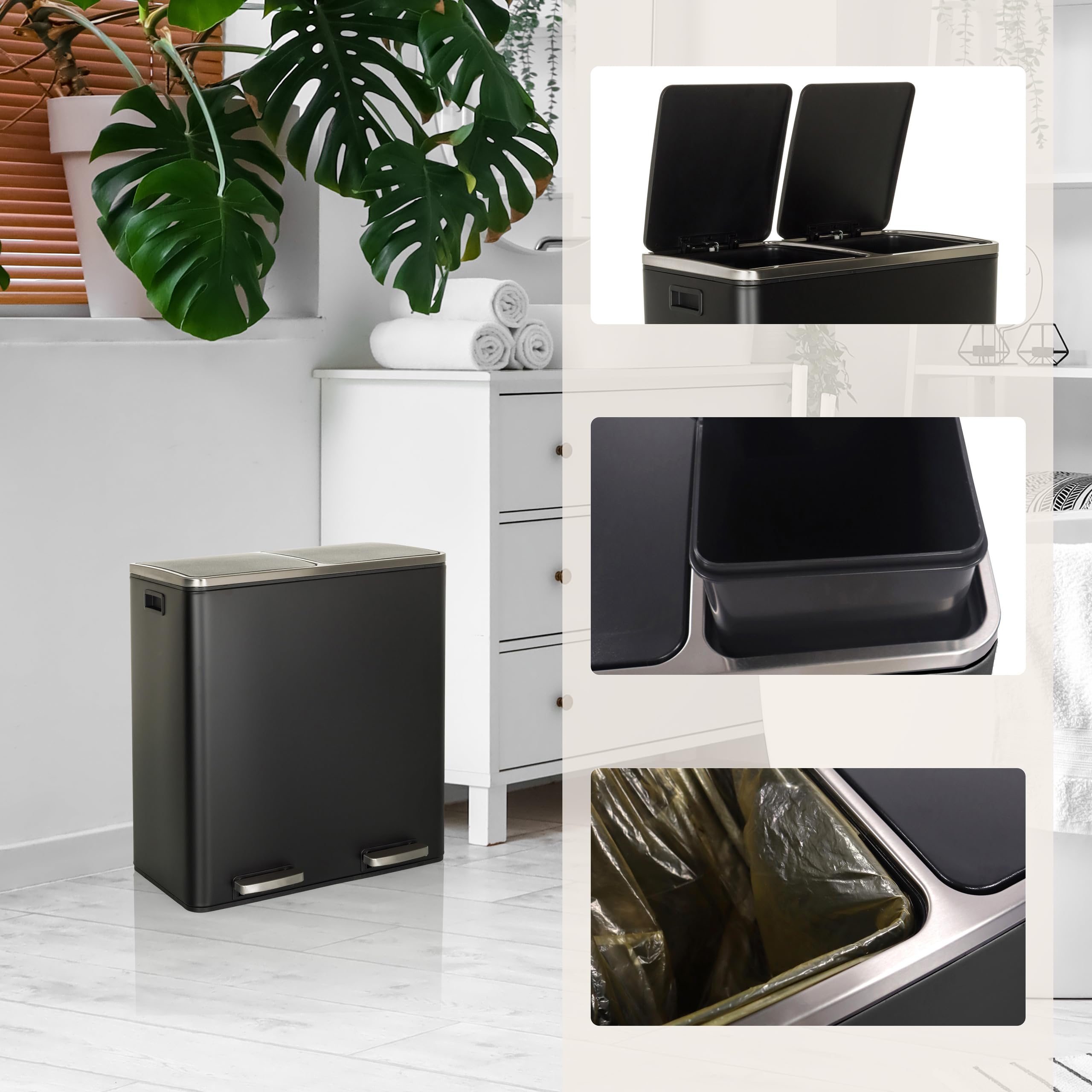 HJH Office Kosz na śmieci 2 x 30 l CLEAN XI System oddzielania śmieci z 2 przegródkami, kosz nożny z amortyzowanym zamknięciem, czarny metal