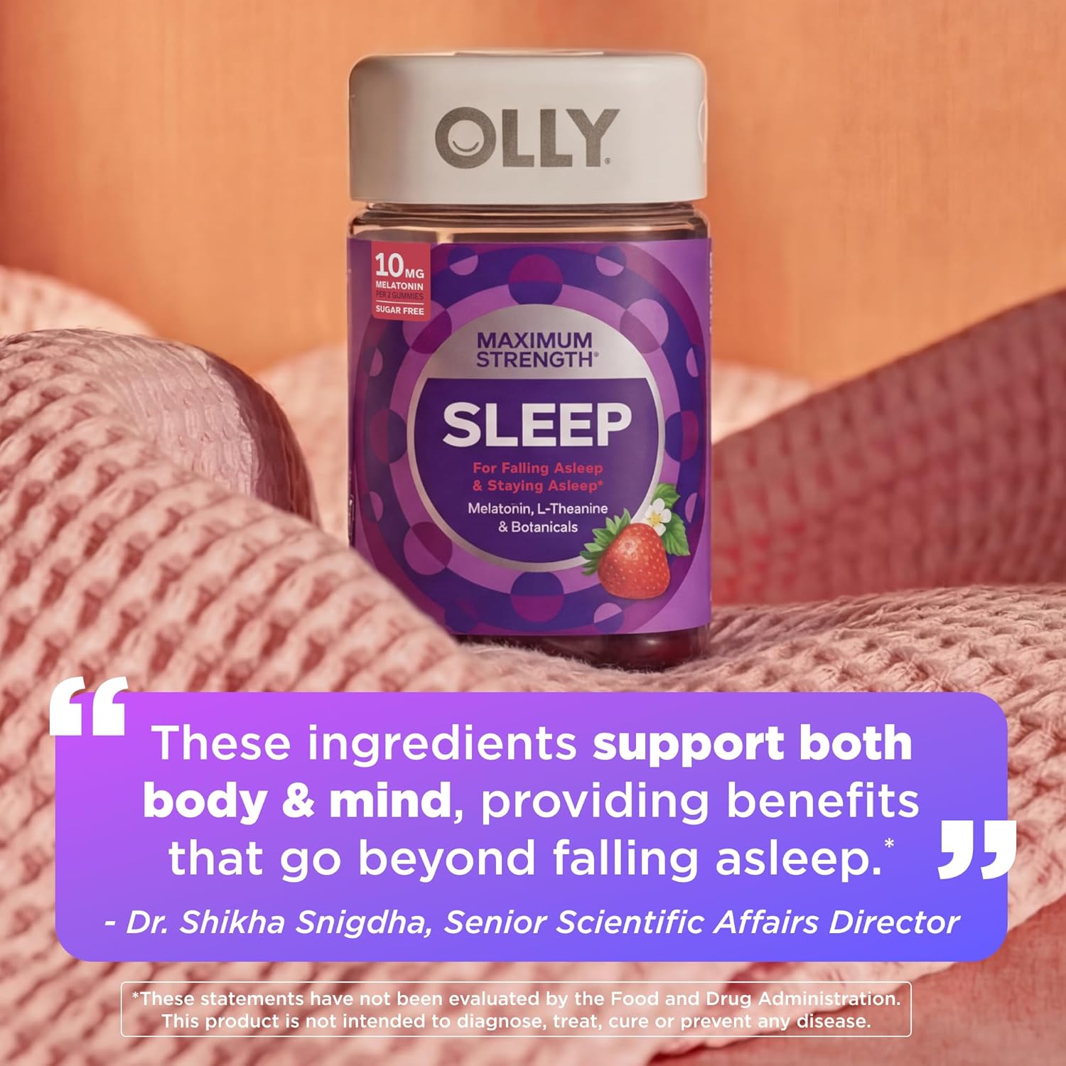 OLLY Max Strength Sleep Gummy, 10mg Melatonin, L-Theanine, Chamomile, Lemon Balm, Sugar Free, Vegetarian Sleep Aid, Strawberry - 70 Count - Image 4