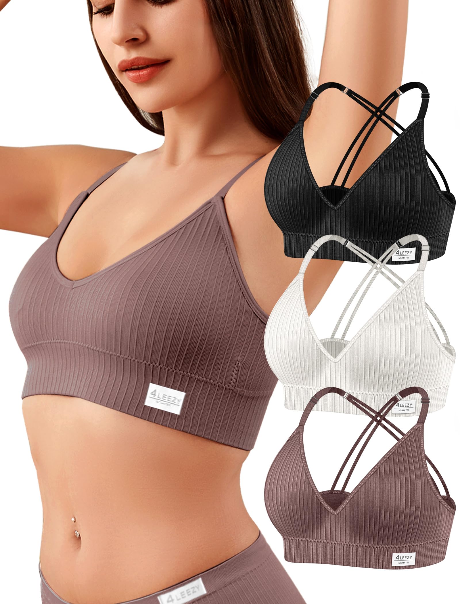 4Leezy Sports Bras for Women - Ribbed Wireless Soft Workout Tops Padded Bralettes Racerback Comfort Cami Crop S-XXL