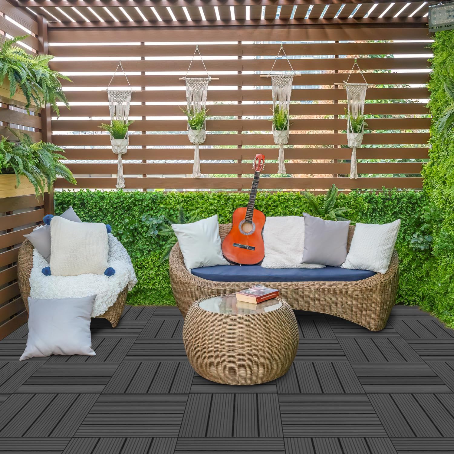 Juego de 11 baldosas de madera de WPC para terraza, 30x30cm, 1 m², ideales para exteriores, azulejos de clic para balcón, jardín y terraza, instalación sencilla, rápida y práctica(Antracita)