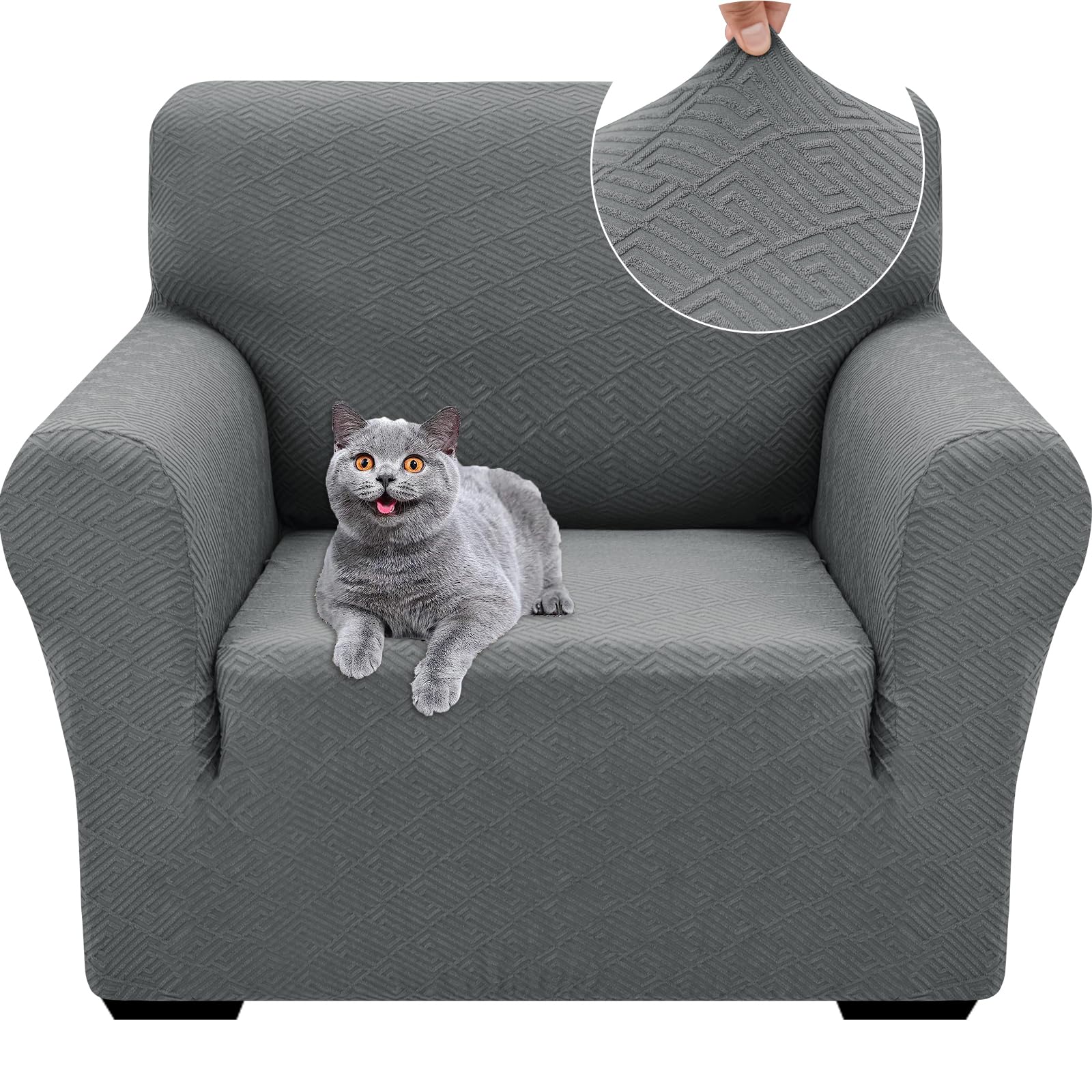 Ystyle Funda Sofa 1 Plaza Ajustable, Fundas para Sillones Elasticas, Funda De Sofa Anti Gatos Perros, Sofa Cover con Reposabrazos, Jacquard Fundas Sofa Ntideslizante Lavable, Gris Claro