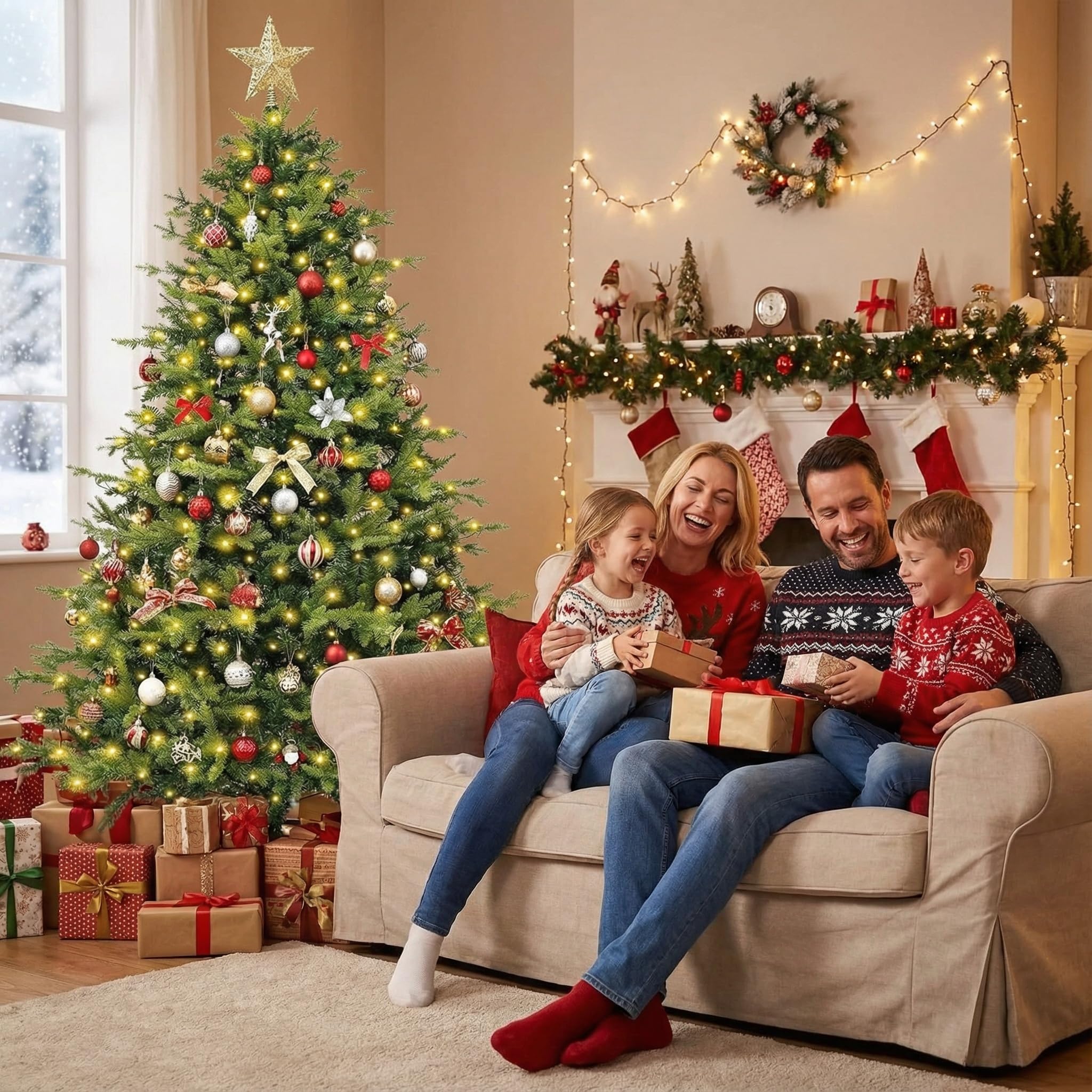 Sapin de Noël Artificiel 180 cm - Sapin de Noël avec lumières Blanc Chaud - 1000 Pointes de Branche en polyéthylène PVC - Pliable - pour décoration de Noël intérieure