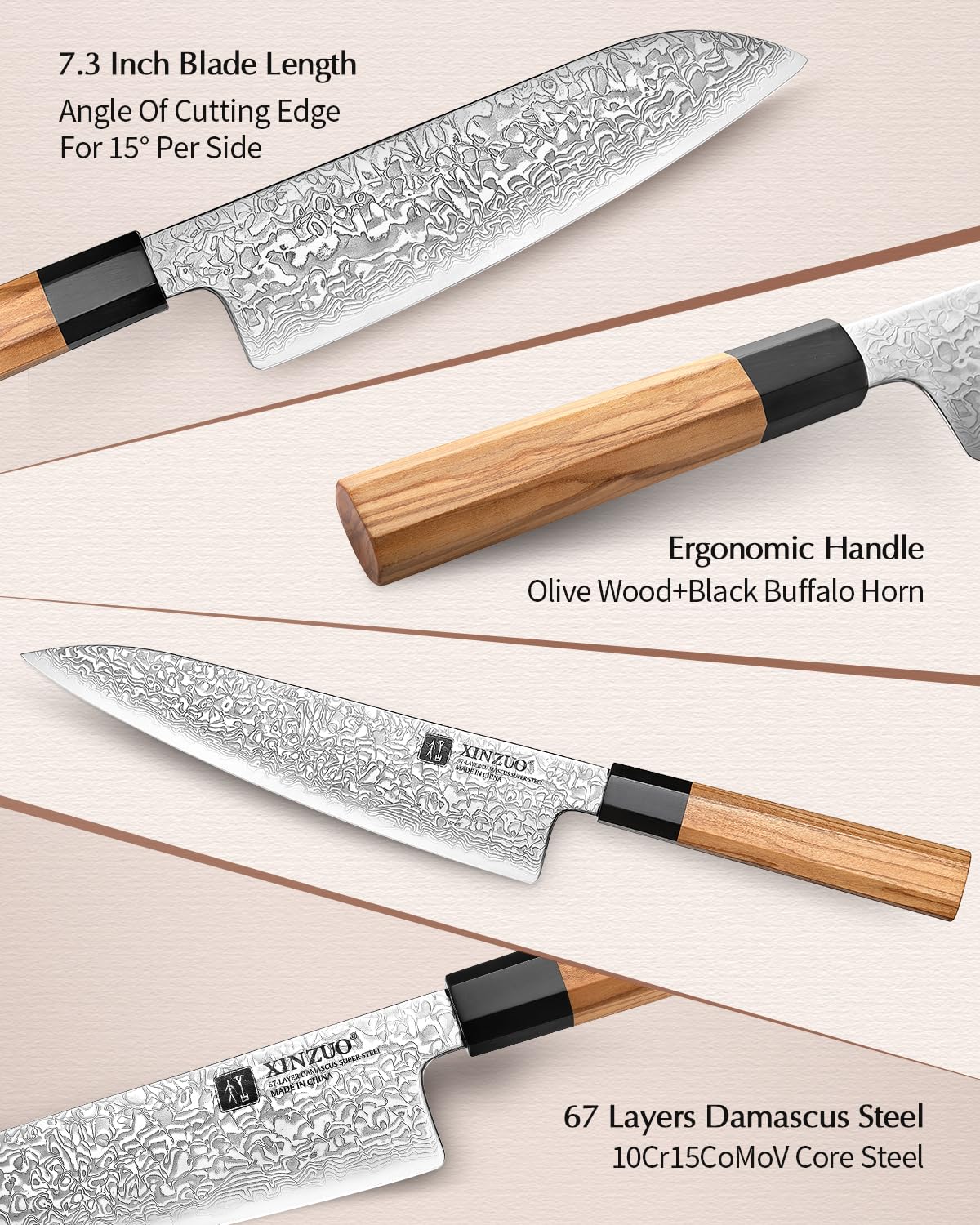 XINZUO 67 Schichten Damaststahl 7-Teilig Messerblock Sets, Profi Küche Kochmesser Set-Handgefertigter achteckiger Griff aus Olivenholz -mit Akazienholz Messerblock und Multifunktions Küchenschere