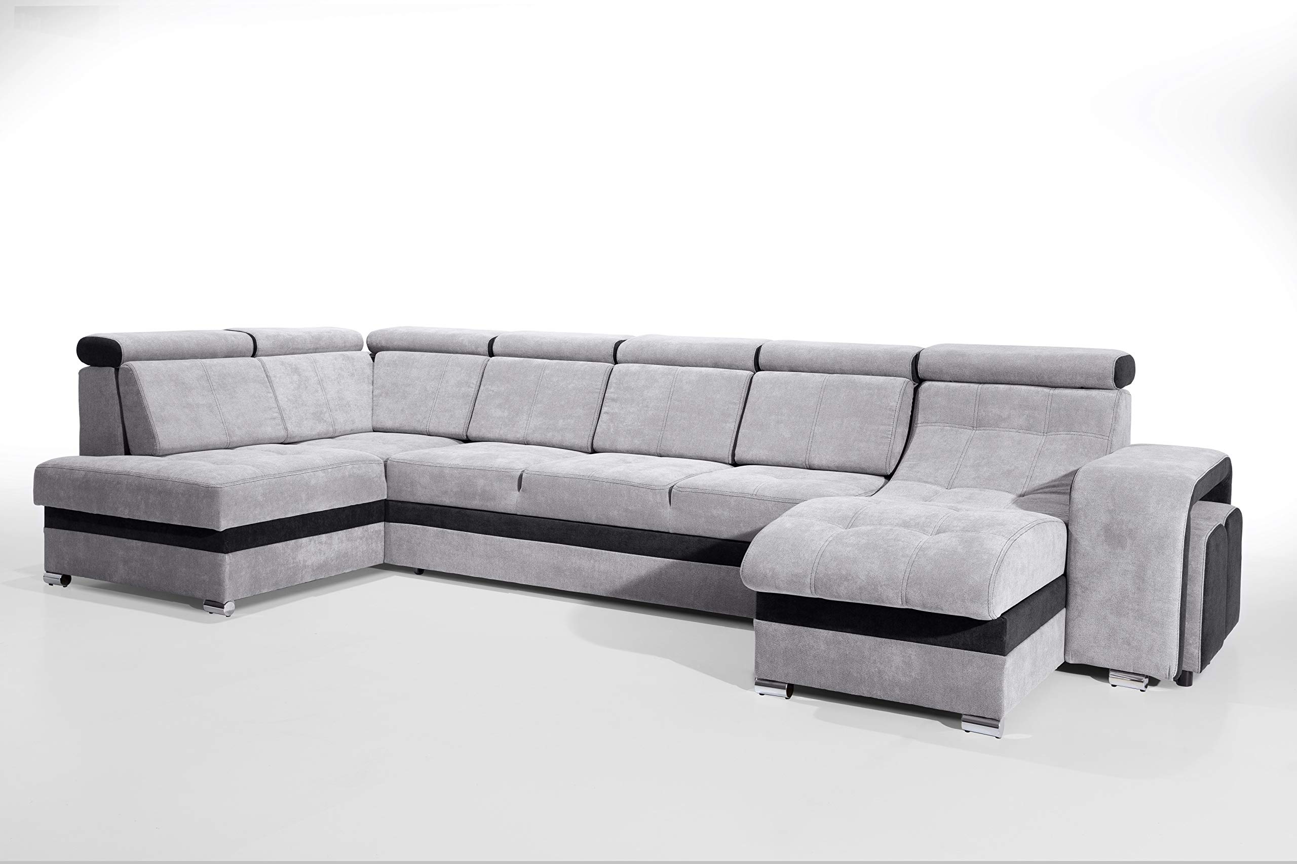 Robin Milan sofa narożna z funkcją spania, ze skrzynią na pościel i dwoma taboretami, wolnostojąca sofa narożna w kształcie litery U, sofa tapicerowana (szary/czarny)