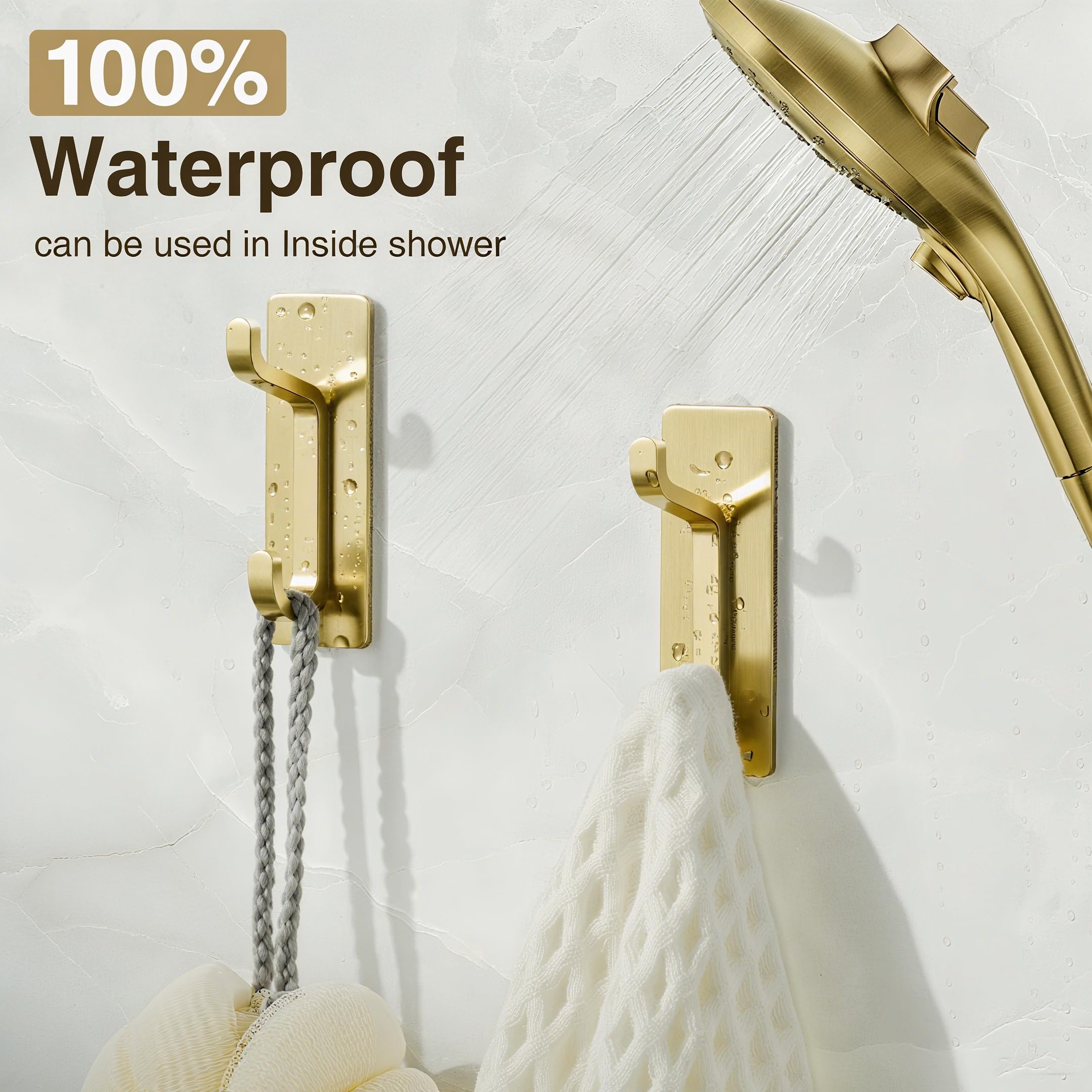 Josmimic Toallero sin taladro: ganchos adhesivos extra fuertes de 6 kg, ganchos de pared autoadhesivos para baños, ganchos para toallas y abrigos, juego de 4, dorado