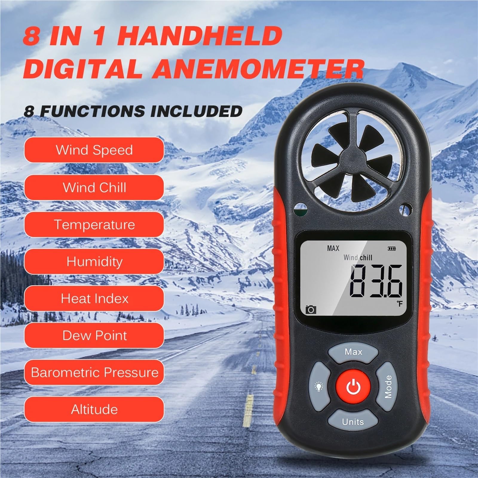 Anemómetro digital, Anemómetro Digital 8 En 1, Medidor De Velocidad Del Viento Mano Para Medir La Temperatura Y El Frío Con Pantalla LCD Retroiluminada