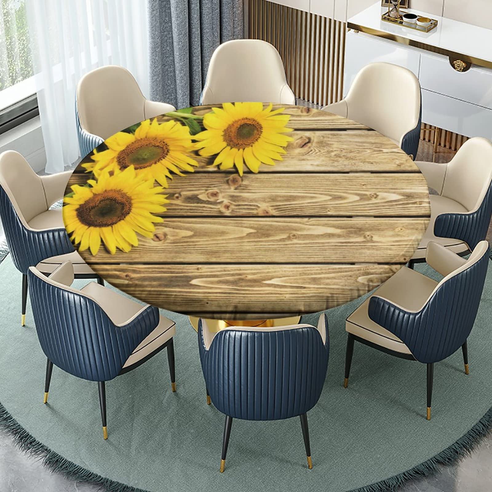 igoga sports Sunflower Fitted Tablecloth Round with Elastic, Wood Grain Spring Edge Table Cover Pad for Outdoor Picnic Party or Indoor Kitchen Patio Dining Table Decor Fits Tables Up to 56'' Diameter