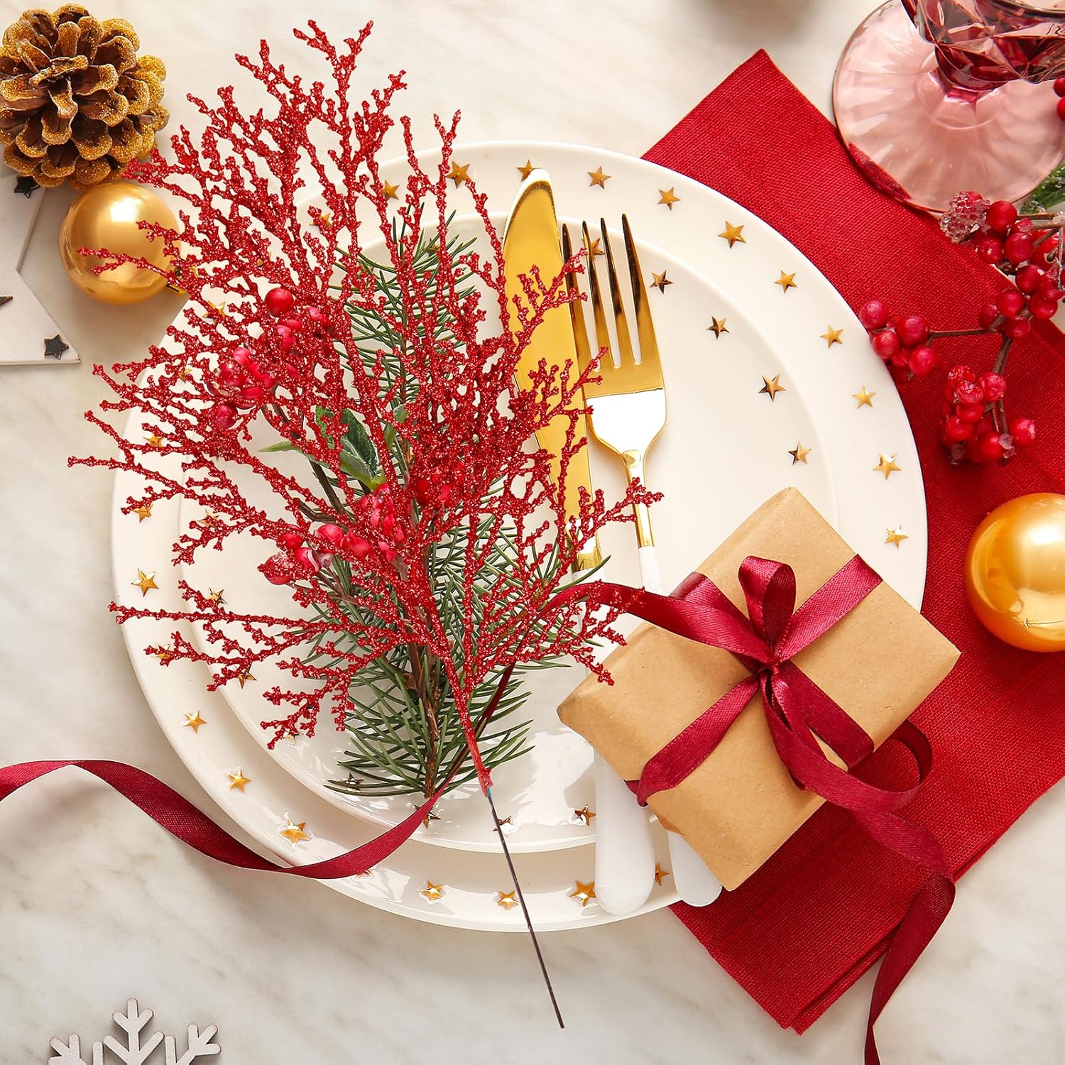 Winlyn 15 Pcs Red Glittered Cedar Sprays Christmas Floral Picks Artificial Cedar Branches Stems Red Christmas Tree Picks 15.4 Tall for Wedding Bouquet Wreath Floral Arrangement Seasonal Centerpiece