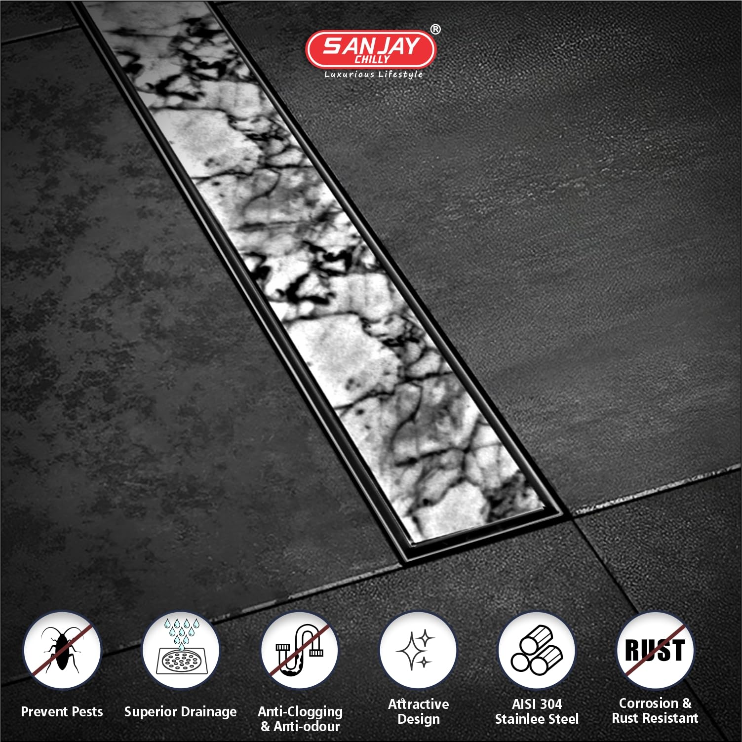 SANJAY CHILLY SS 304 Tile/Marble Insert Shower Channel Water Drainer for Bathroom with Anti-Foul Cockroach Trap (Side Hole 4.7X 30 INCH) 2